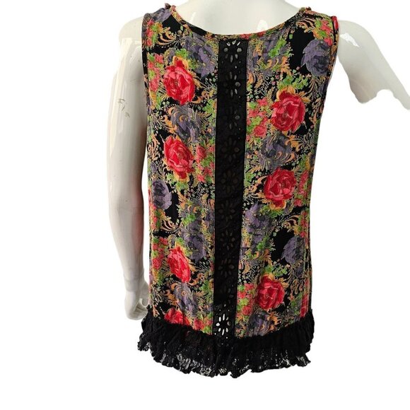 Black Lace Eyelet Flowy Wildflower Sleeveless Top Button Loop Close Women S/M - Picture 2 of 8
